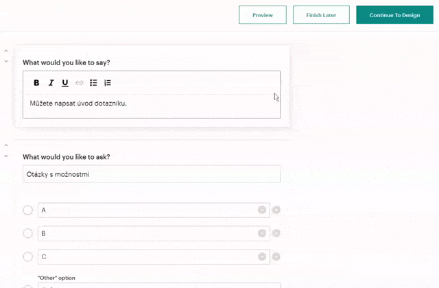 ukázka tvorby jednotlivých otázek v dotazníku v MailChimpu